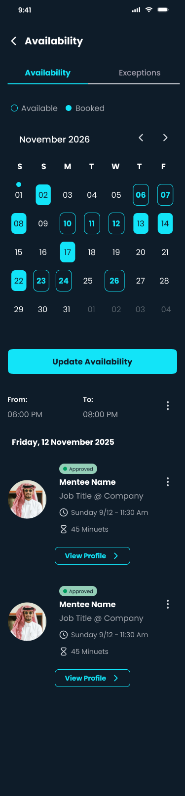 Availability calendar with available and booked days