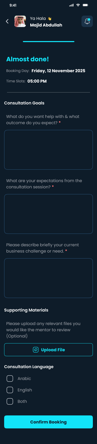 Consultation goals questionnaire before confirming a booking