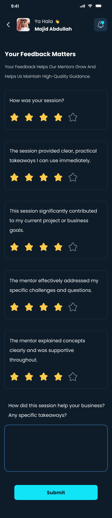 Feedback form with star ratings and a note