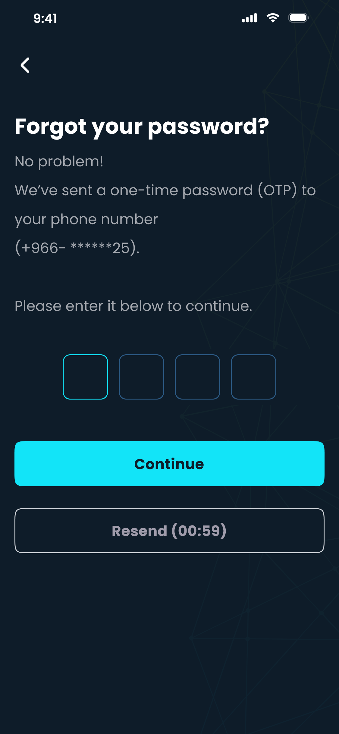 Forgot password: enter the one-time code