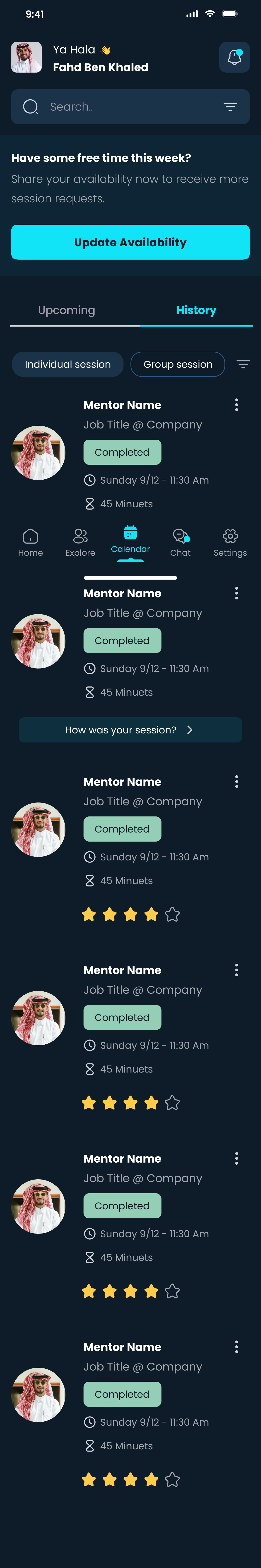 Completed sessions with ratings