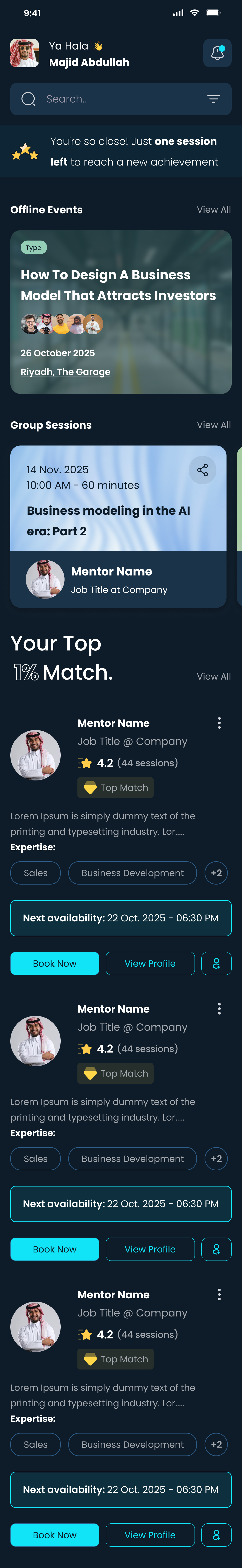 Mentee home with top matches, events and group sessions