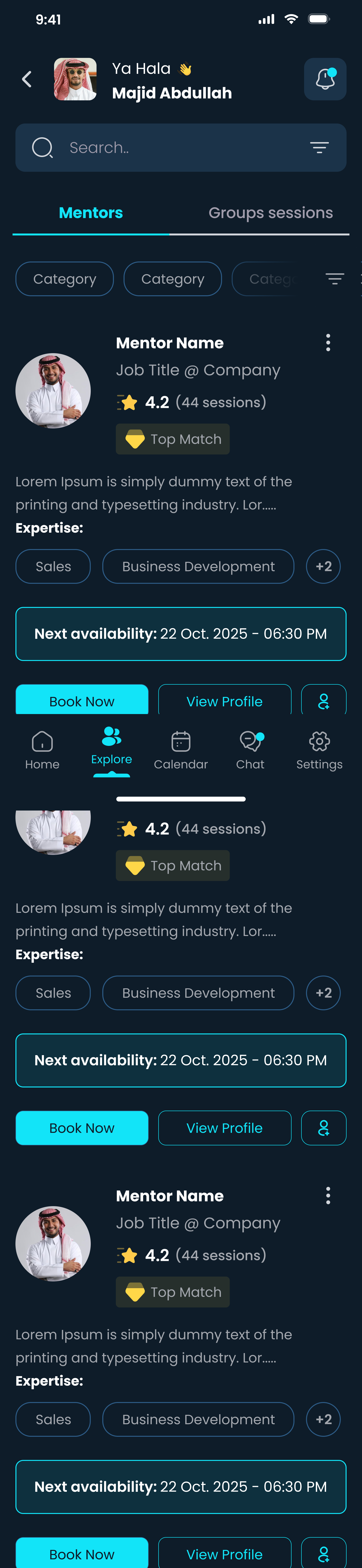 Explore mentors list with next availability