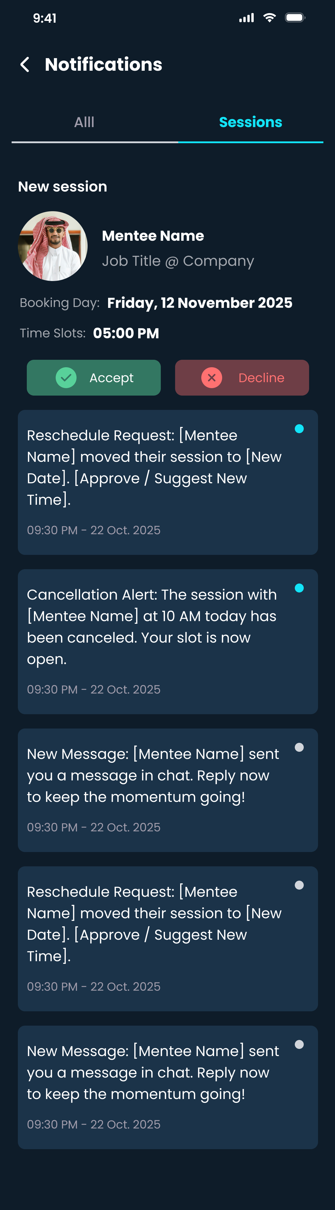 Notifications list with unread state and session updates