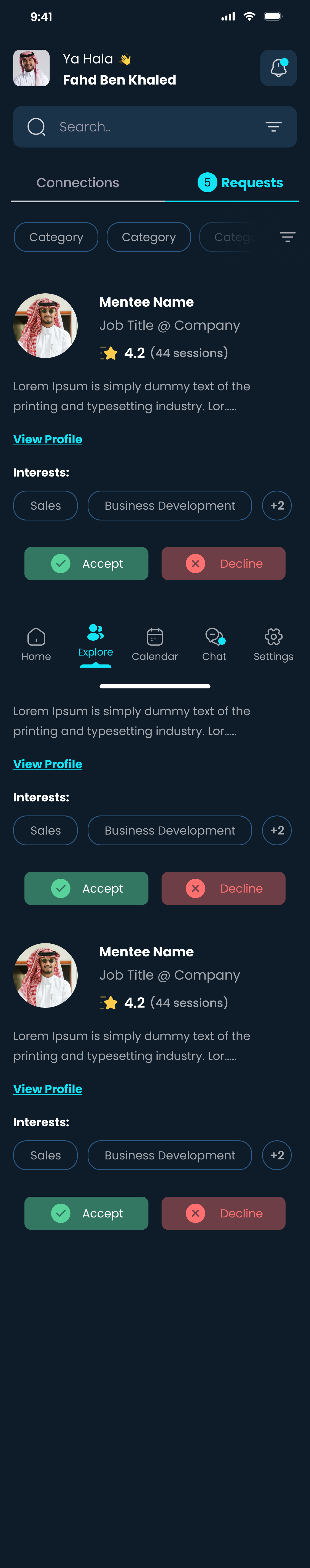 Mentee requests with Accept and Decline