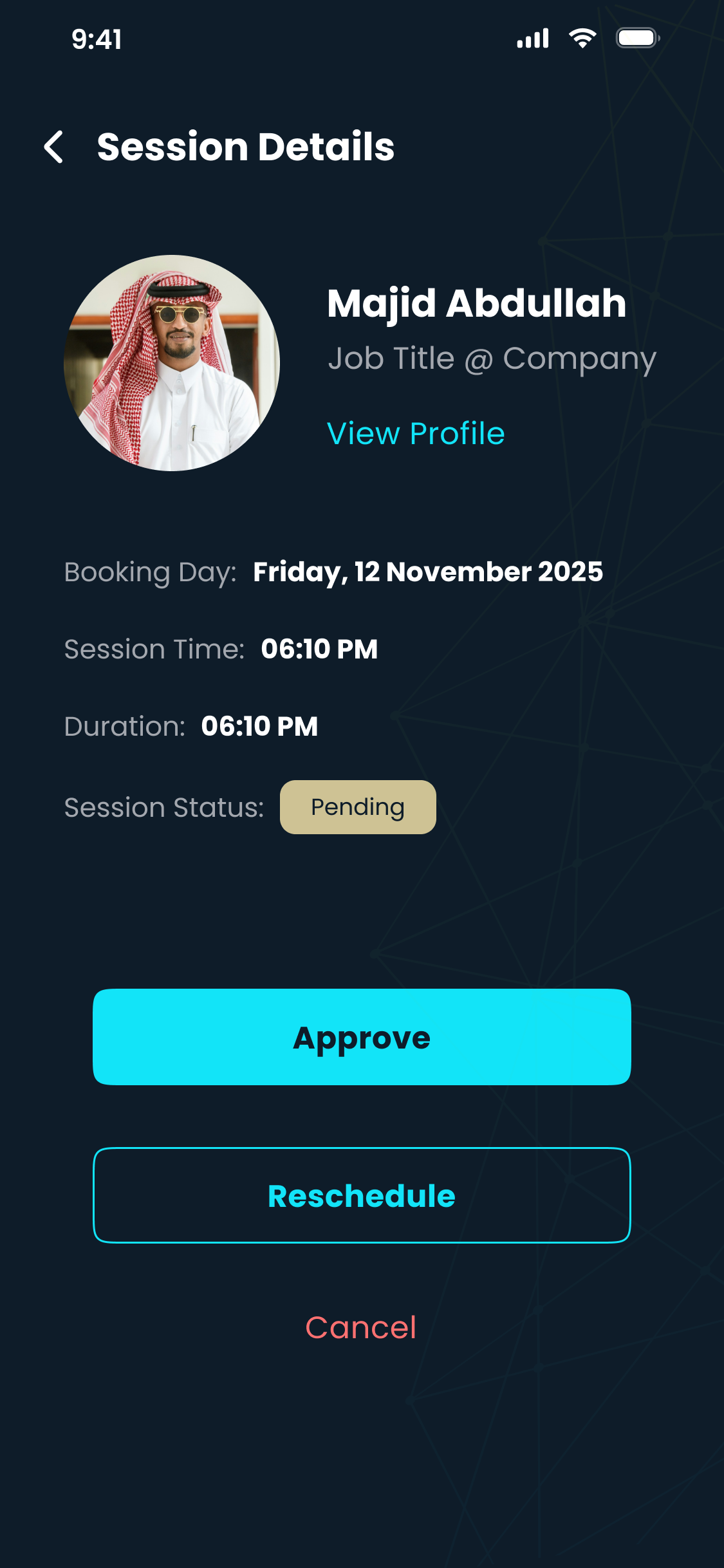 Session details with Approve, Reschedule and Cancel