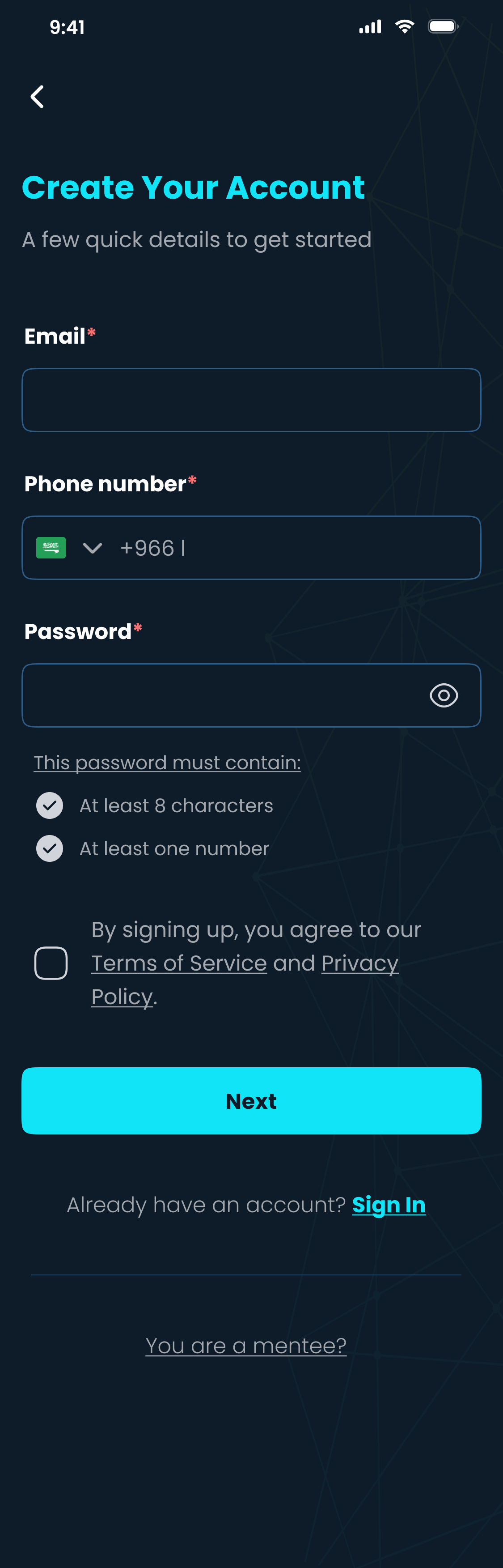 Create your account: email, phone, password