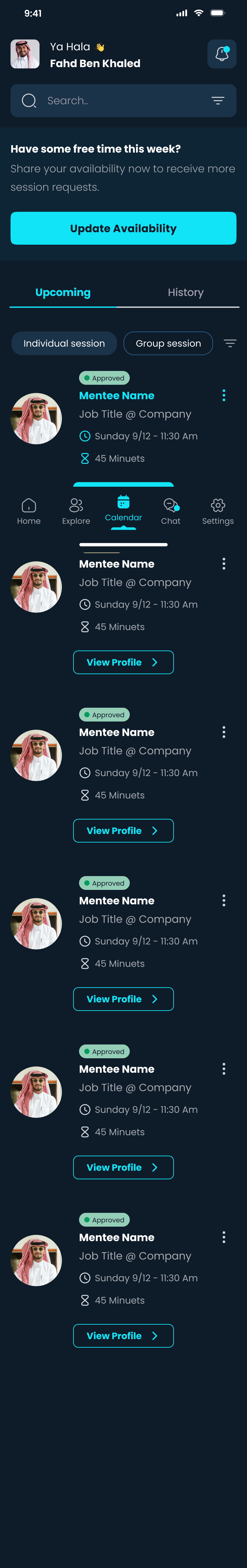 Upcoming sessions in the Calendar tab